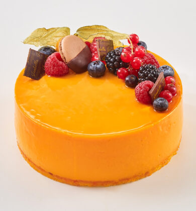 glutenfreie, laktosefreie Exotic Passion Torte mit Mango-Maracuja, rund, Früchte, Isabella Glutenfreie Patisserie