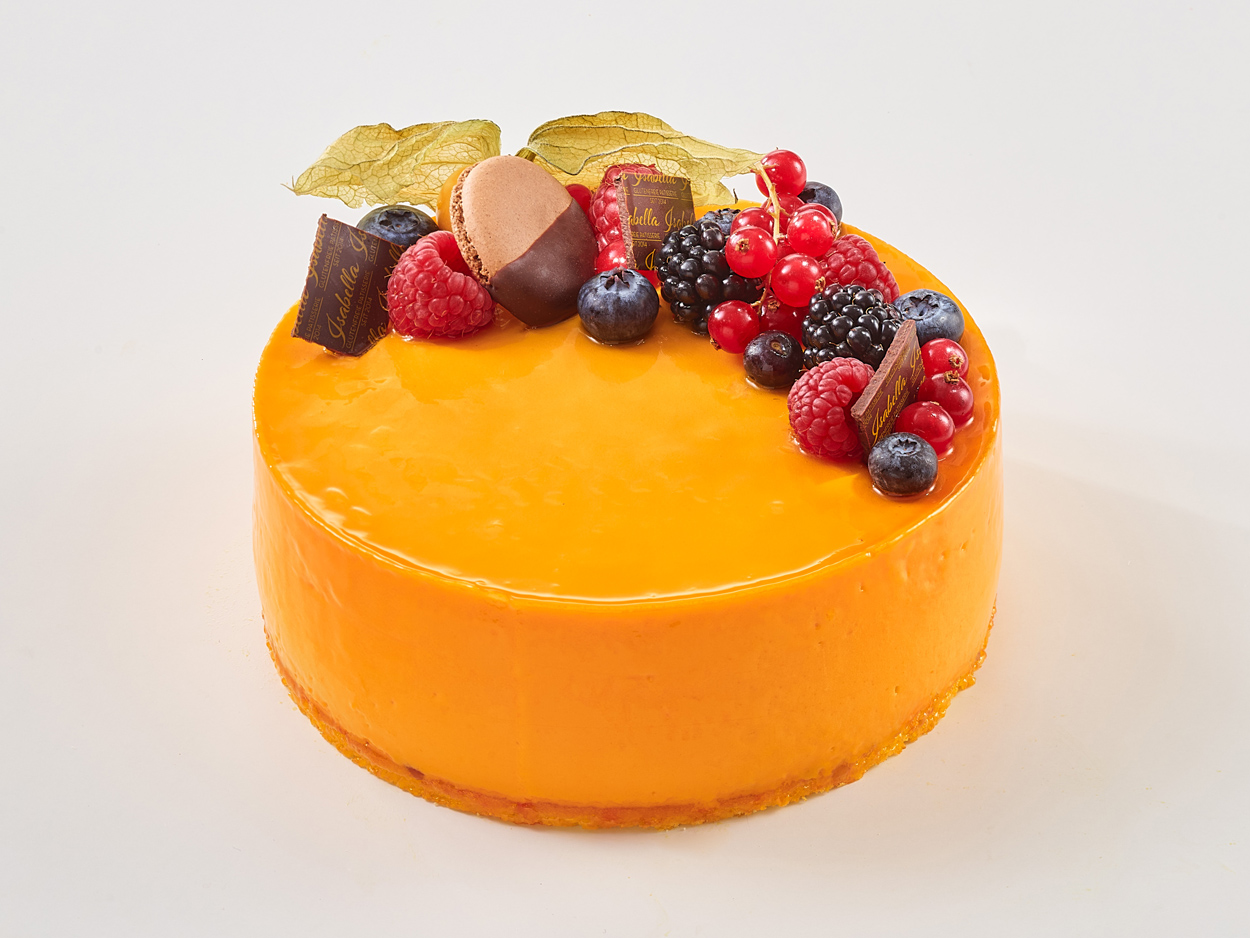 exotic-passion-glutenfreie-laktosefreie-torte-mango-maracuja-rund-isabella-glutenfreie-patisserie glutenfreie, laktosefreie Exotic Passion Torte mit Mango-Maracuja, rund, Früchte, Isabella Glutenfreie Patisserie