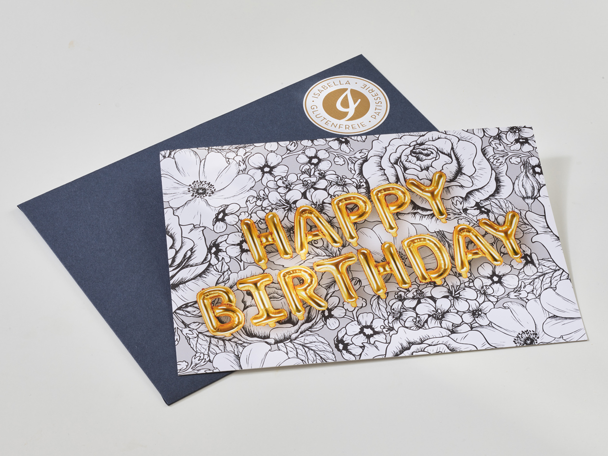 grusskarte-postkarte-geburtstagskarte-schriftzug-happy birthday-isabella-glutenfreie-patisserie Grußkarte, Postkarte, Geburtstagskarte mit Schriftzug Happy Birthday, Isabella Glutenfreie Patisserie