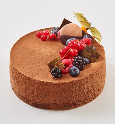 glutenfreie, laktosefreie Schokomousse Torte mit Crème Brûlée, rund, Früchte, Isabella Glutenfreie Patisserie